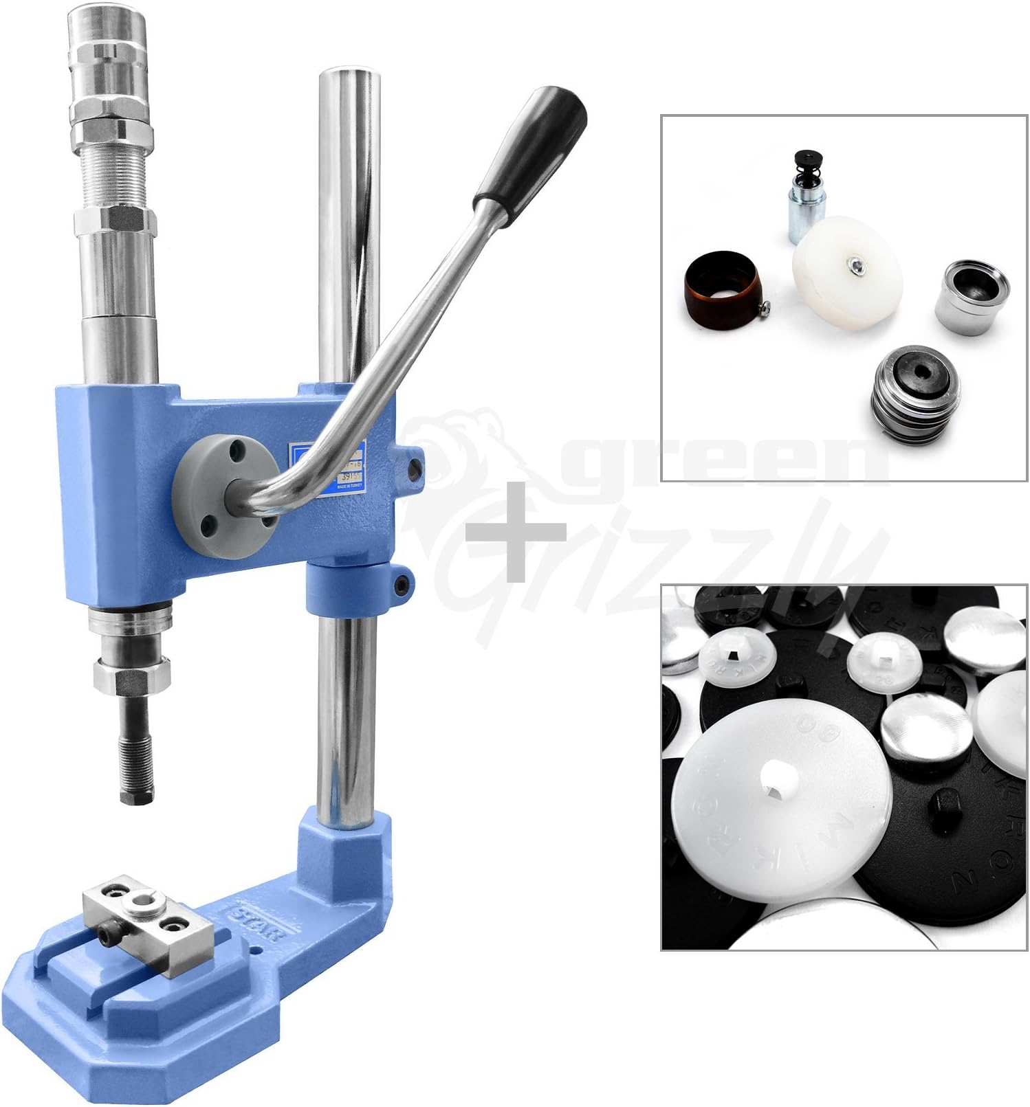 Industrial Stroke Button Making Press Cover Machine + Mould + Cutter + 200 Buttons (Black Backs, 44-28 mm)