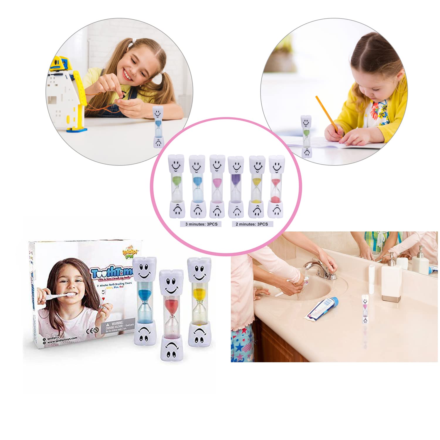 6 Stück Sanduhr Zähneputzen Kinder, Bunte Sanduhr Timer, Kleine Sanduhren 3 Minuten/2 Minuten, Zahnputzuhr Glas mit Smile, Farbige Sanduhren Set für Kinder 3