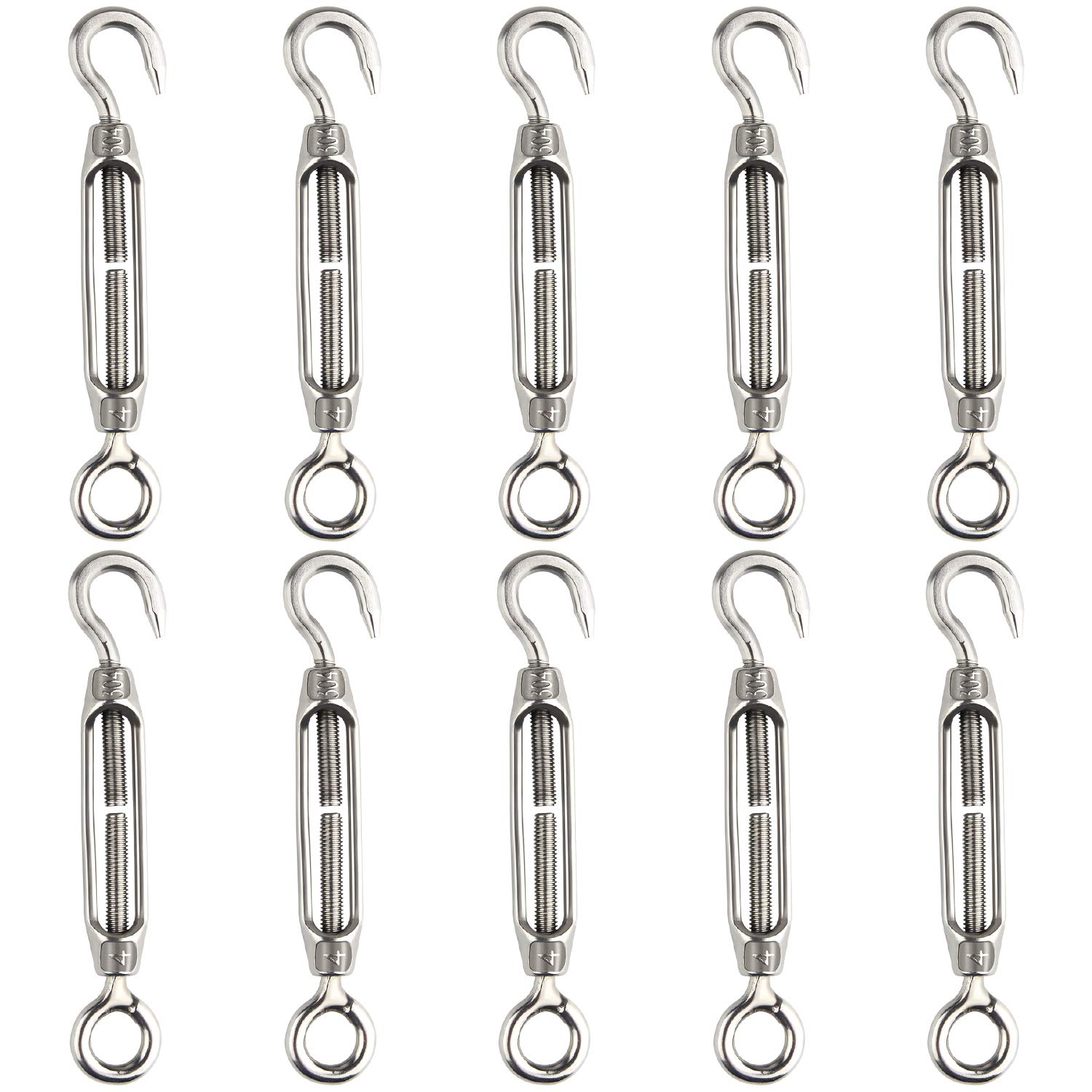 FEPITO 10Pcs Turnbuckle Wire Tensioner 304 Hook & Eye Adjustable Turnbuckle M4 Stainless Steel Tensioner Set Heavy Duty
