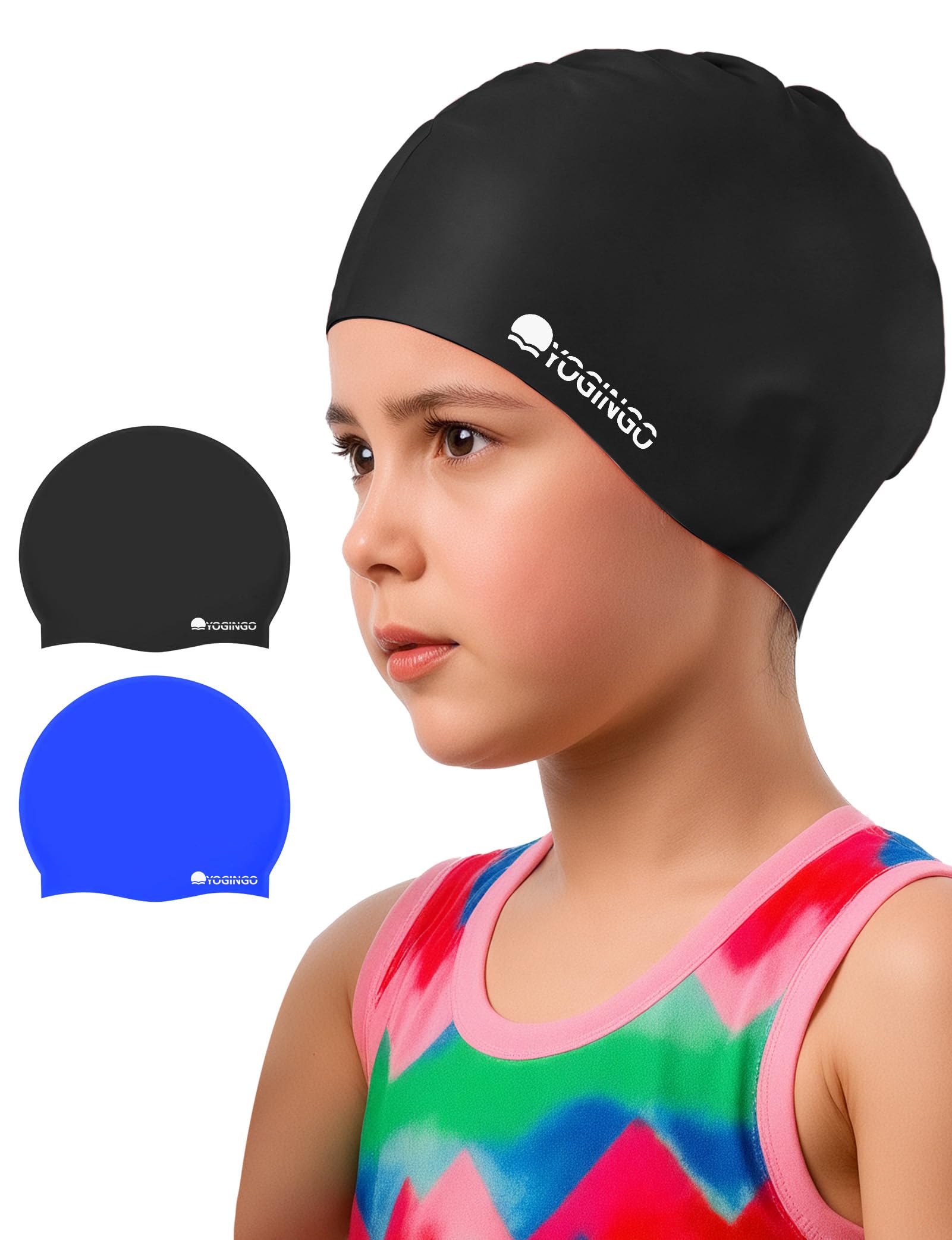 Photo 1 of 2 Pack Swim Cap Kids - Swimming Cap for Long&Short Hair - Silicone Swim Caps for Girls&Boys, Swim Cap for Kids 3-15, Keep Hair Dry