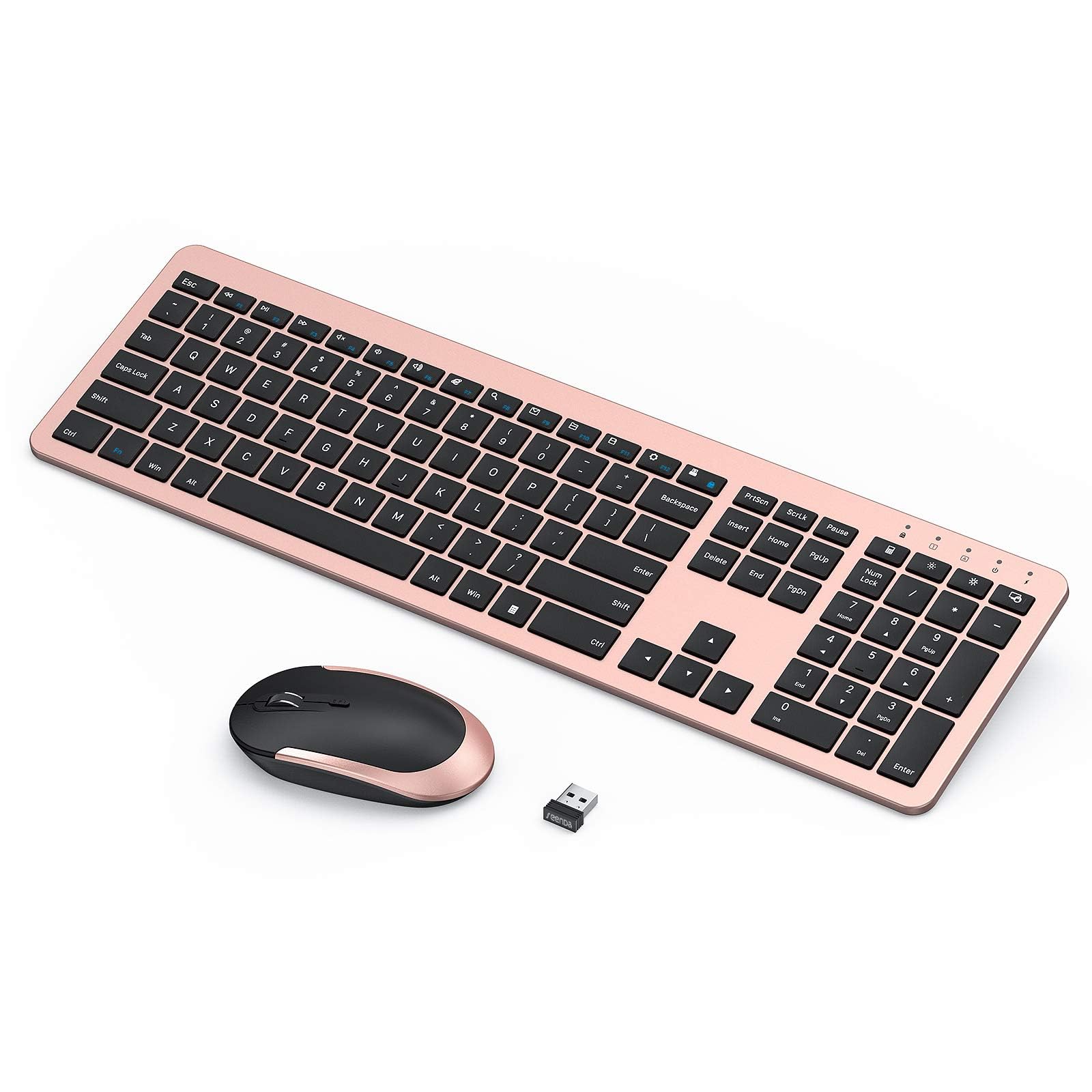 Photo 1 of seenda Rechargeable Wireless Keyboard Mouse Combo Full Size Cordless Keyboard & Mouse Sets with Build-in Lithium Battery Ultra Thin Quiet Keyboard Mice (Rose Gold & Black)