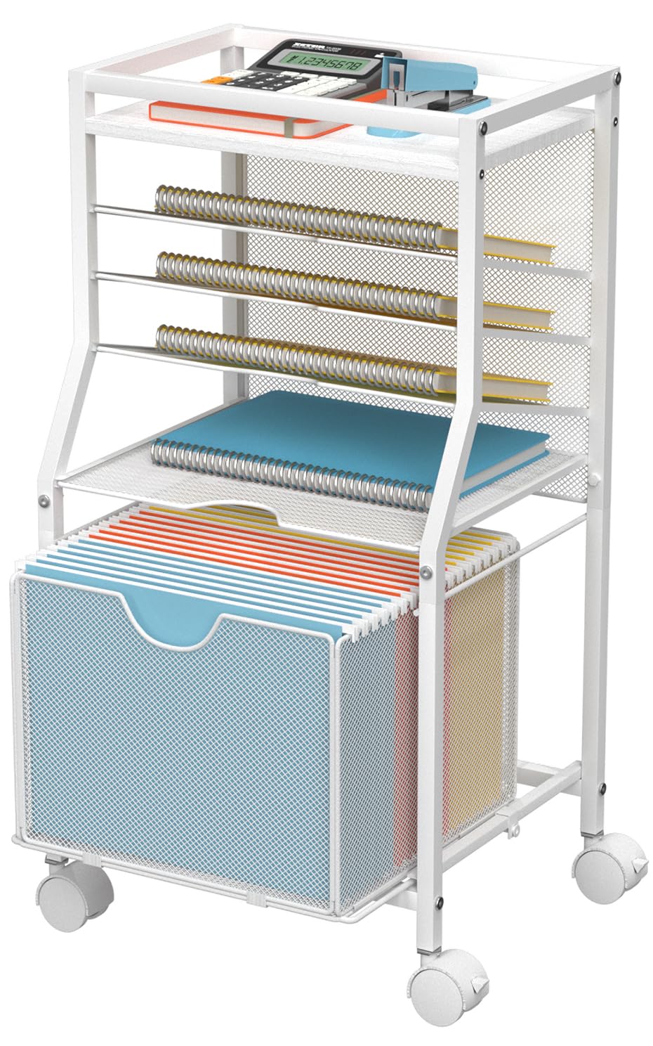 Photo 1 of BOHDK Rolling File Cart, 6-Tier Under Desk Organizer on Lockable Wheels, Wood Planks & Mesh File Cart with Sliding Drawer and Paper Trays for Office Home School, 14.8" L x 11.8" D x 27.7" H, White