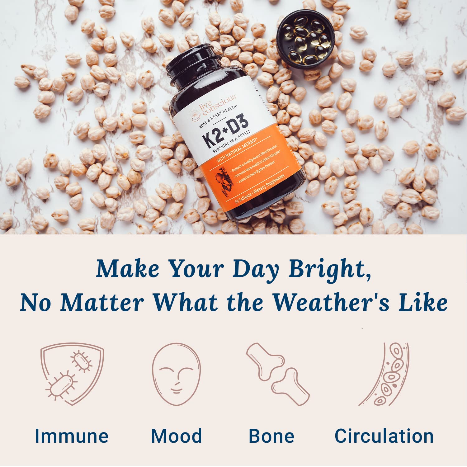 Live Conscious Vitamin K2 MK7 with D3 Supplement | Bone & Heart Health Support - Patented Vitamin K & Vitamin D3 5000 IU (2-Pack)