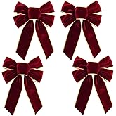 Ftuuo 4pcs Burgundy Velvet Christmas Wreath Bow, Xmas Premade Vintage Red Velvet Bow for Wreaths for Indoor Outdoor Tree Topper Door Garland Holiday Party Winter Decor