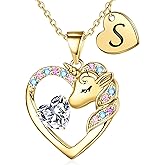 IEFRICH Valentines Gifts for Kids Girls Unicorn Necklace - Colorful CZ Heart Initial Necklaces Unicorn Necklace for Girls Jewelry Birthday Gifts for Little Girl Kids