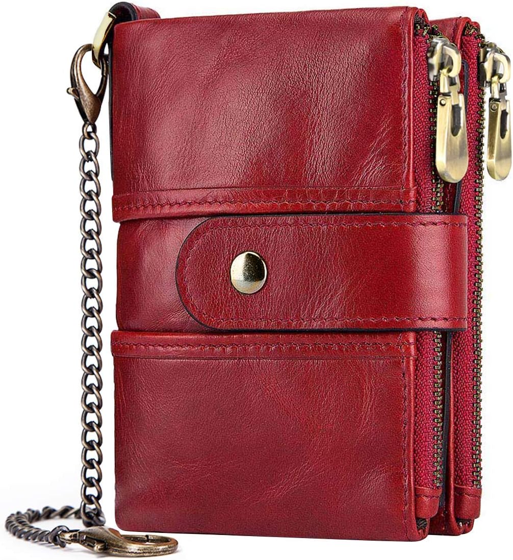 Women's Wallet Purse RFID Blocking Genuine Leather Ladies Purses with Chain Multi Compartment Purses for Women with Double Zip Small Bifold Ladies Wallets with Coin Pocket 16 Card Holder (Red)
