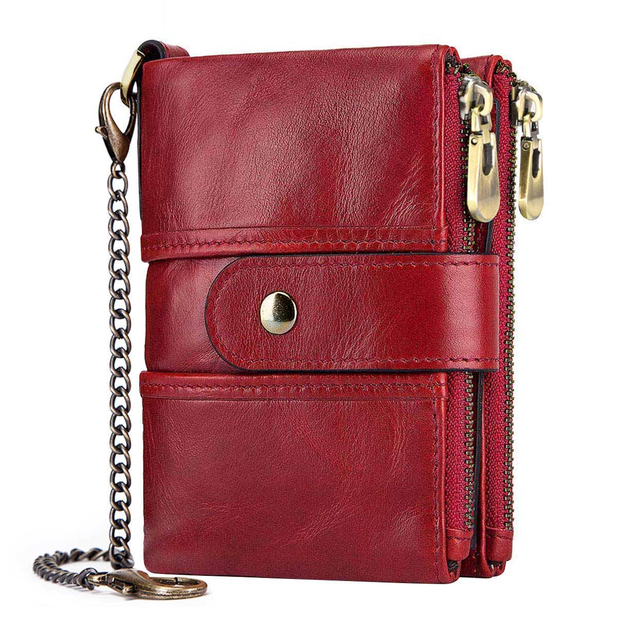 Women's Wallet Purse RFID Blocking Genuine Leather Ladies Purses with Chain Multi Compartment Purses for Women with Double Zip, Small Bifold Ladies Wallets with Coin Pocket 16 Card Holder (Red)