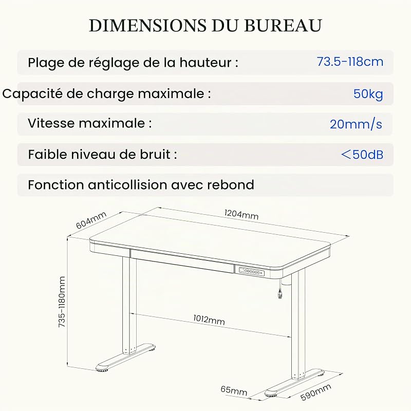 Bureau Assis Debout 120x60, Tiroir, USB-C, Verrouillage Enfant