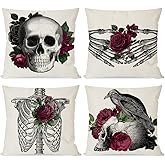 PANDICORN Gothic Skull Burgundy Rose Halloween Pillow Covers 18x18 Skeleton Hand Raven Crow Vintage Floral Spooky Halloween Goth Decorations Outdoor Decorative Pillows Cases Set of 4 for Couch Decor
