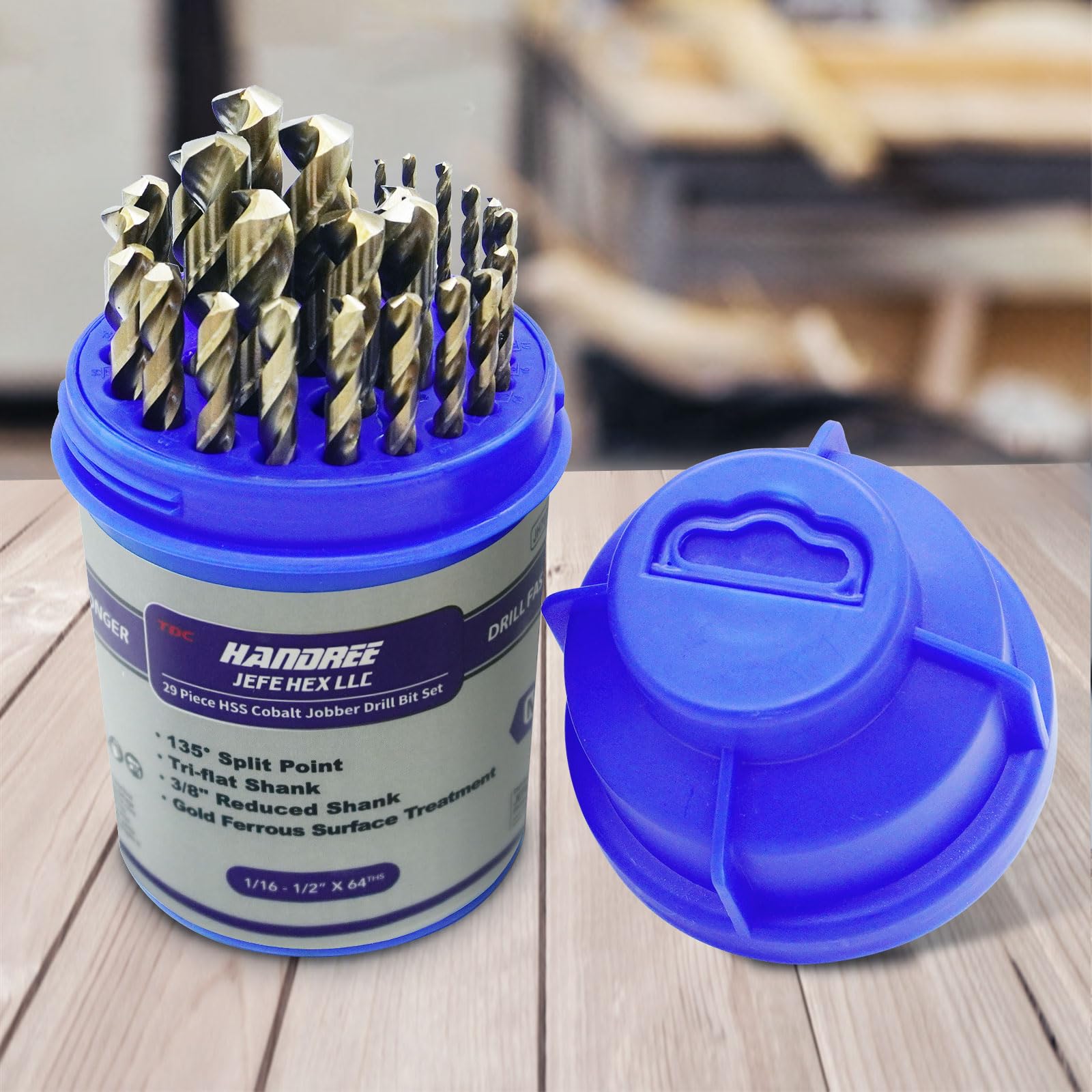 Photo 1 of JEFE HEX 29 PCS M35 Cobalt Drill Bit Set, HSS Twist Jobber Drill Bits with 135 Degrees Split Point and Three-Flat Shank, 3/8” Reduced Shank, Gold Oxide Metal Drill Bits Set (1/16” - 1/2” x 1/64”)