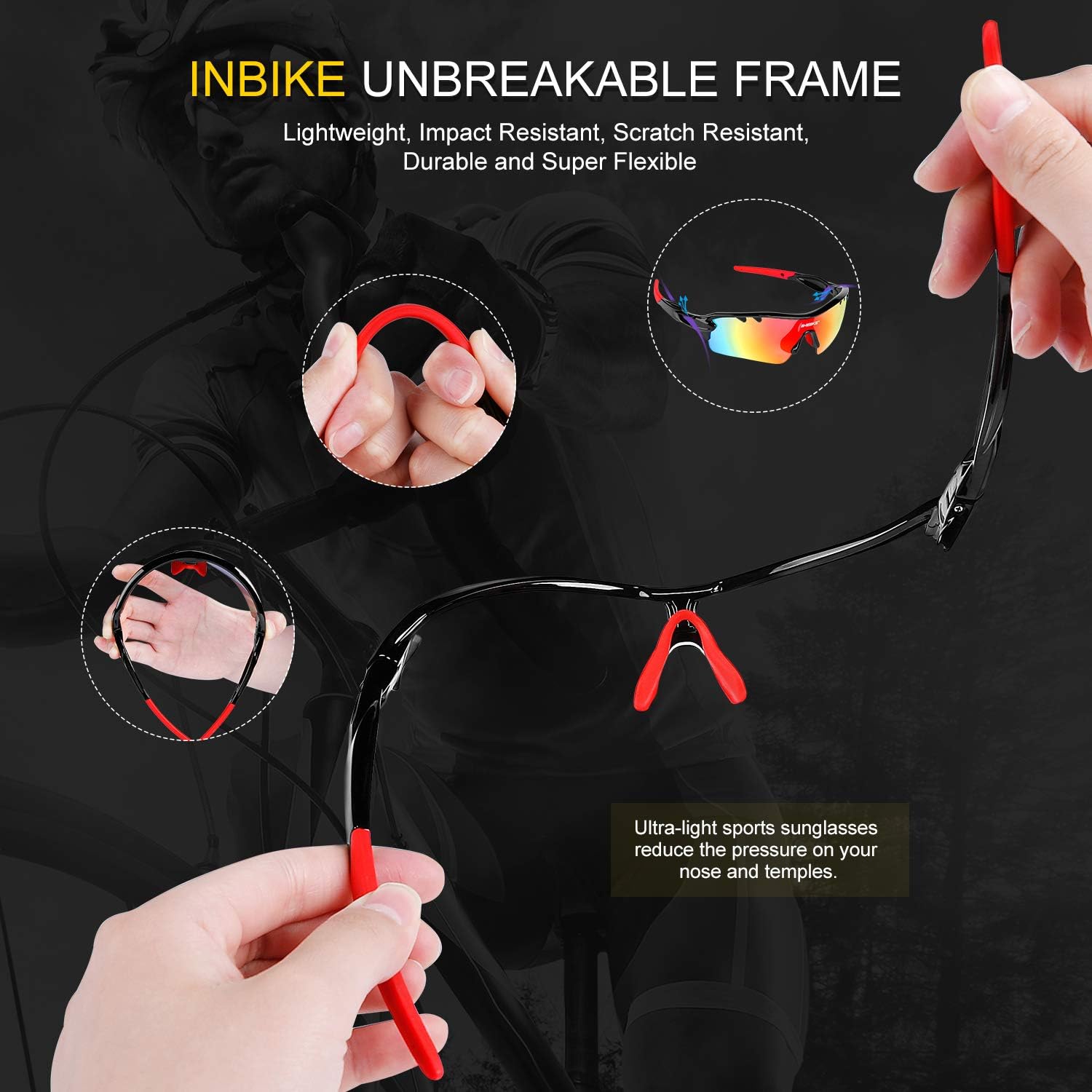 INBIKE Sunglasses Men Women Polarised Mirrored Cycling Glasses Sports Glasses UV400 Protection with 5 Interchangeable Lenses, Black - Image 5