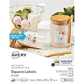 Avery Durable Waterproof Square Labels with Sure Feed Technology, 2" x 2", White, Laser & Pigment-Inkjet Compatible, 96 Blank Labels Total, Great for Branding, Packaging, and More (64510)