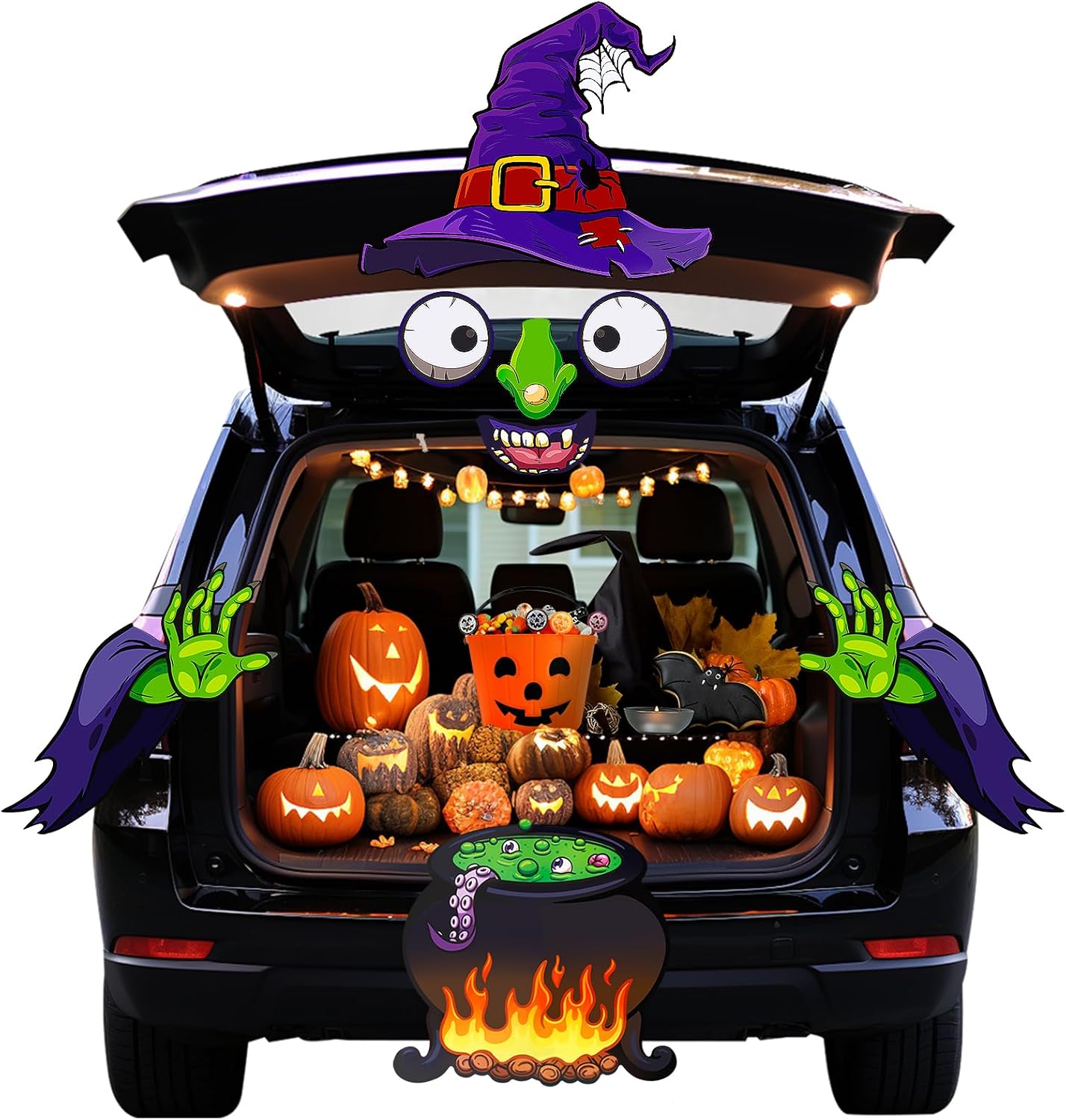 Garage Door Decorations - Trunk or Treat Car Decorations - Halloween Scary Witch Monster Face Car Trunk PVC Sticker with Adhesive Tape for Outdoor SUV Garage Archway Door Wall Window Haunted House Large Size