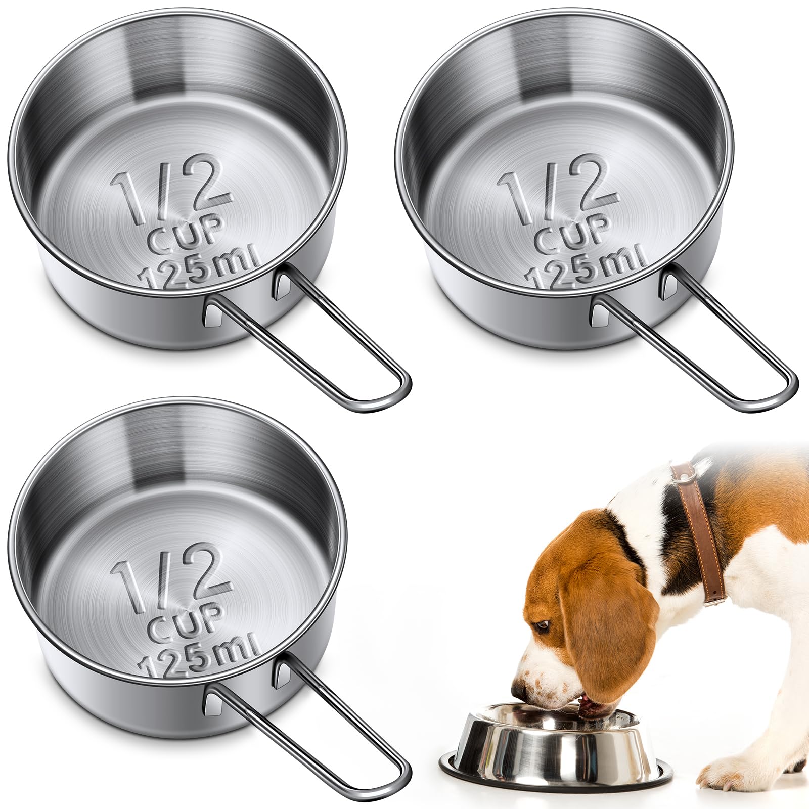 Photo 1 of Qinyoung 3 Pack 1/2 Cup Dog Food Measuring Cup Stainless Steel 1/2 Feeding Scoop Measuring Scoop with Handle for Dog Cat Bird Food