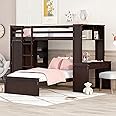 Twin Over Twin Bunk Bed with Built-in Desk and Wardrobe, Solid Wood Loft Bed & Stand-alone Platform Bed with Storage Shelves and Safety Guardrail for Kids Teens Adults, Maximize Space (Espresso-4)