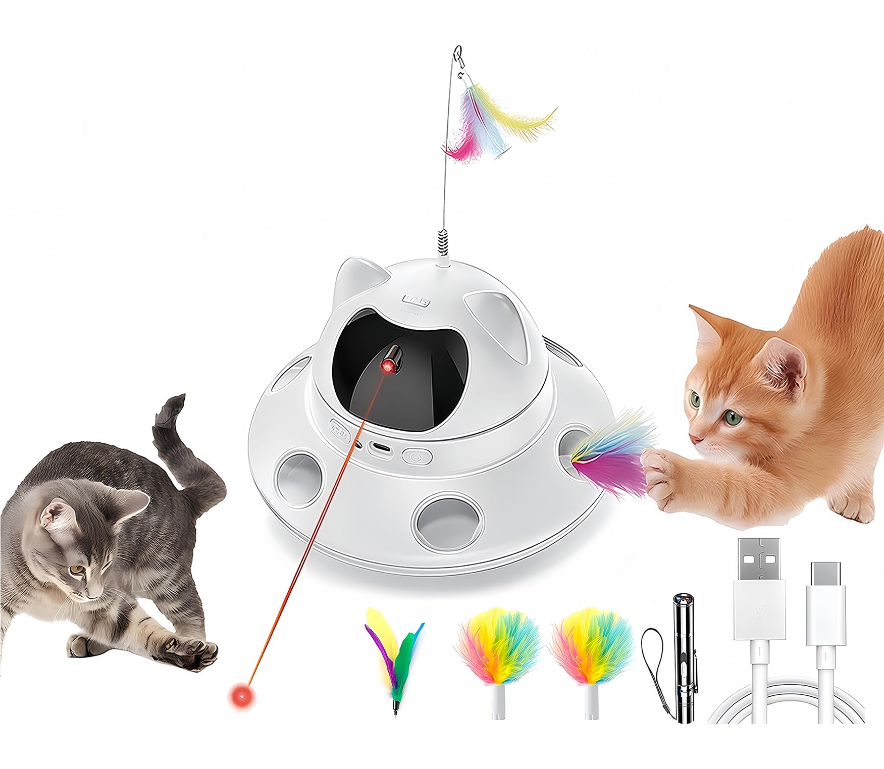 Photo 1 of 3-in-1 Cat Laser Toy & Interactive Automatic Motion-Activated Kitten Toy – 6 Holes Whack-A-Mole Feather & Moving Ambush Fun – USB Rechargeable, Apply to – Indoor Exercise for Cats of All Breeds