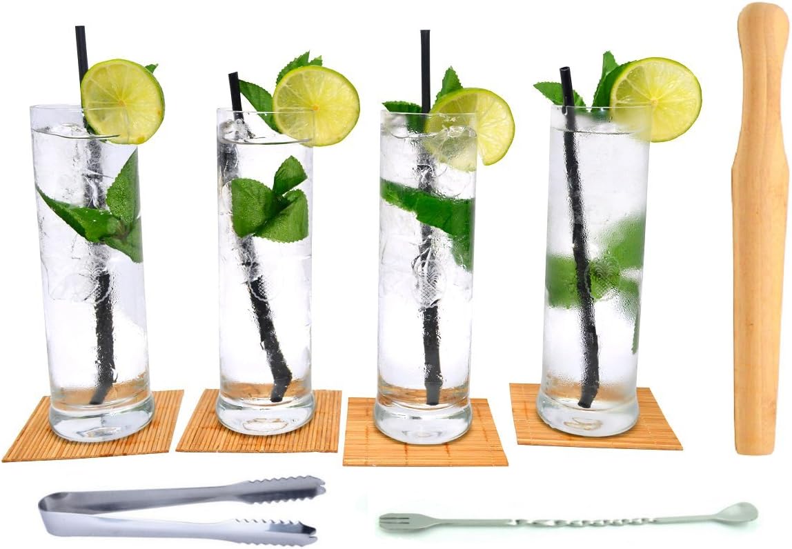 Essentials Mojito Set with Glasses, Coasters, Muddler, Ice Tongs and Cocktail Mixing Spoon