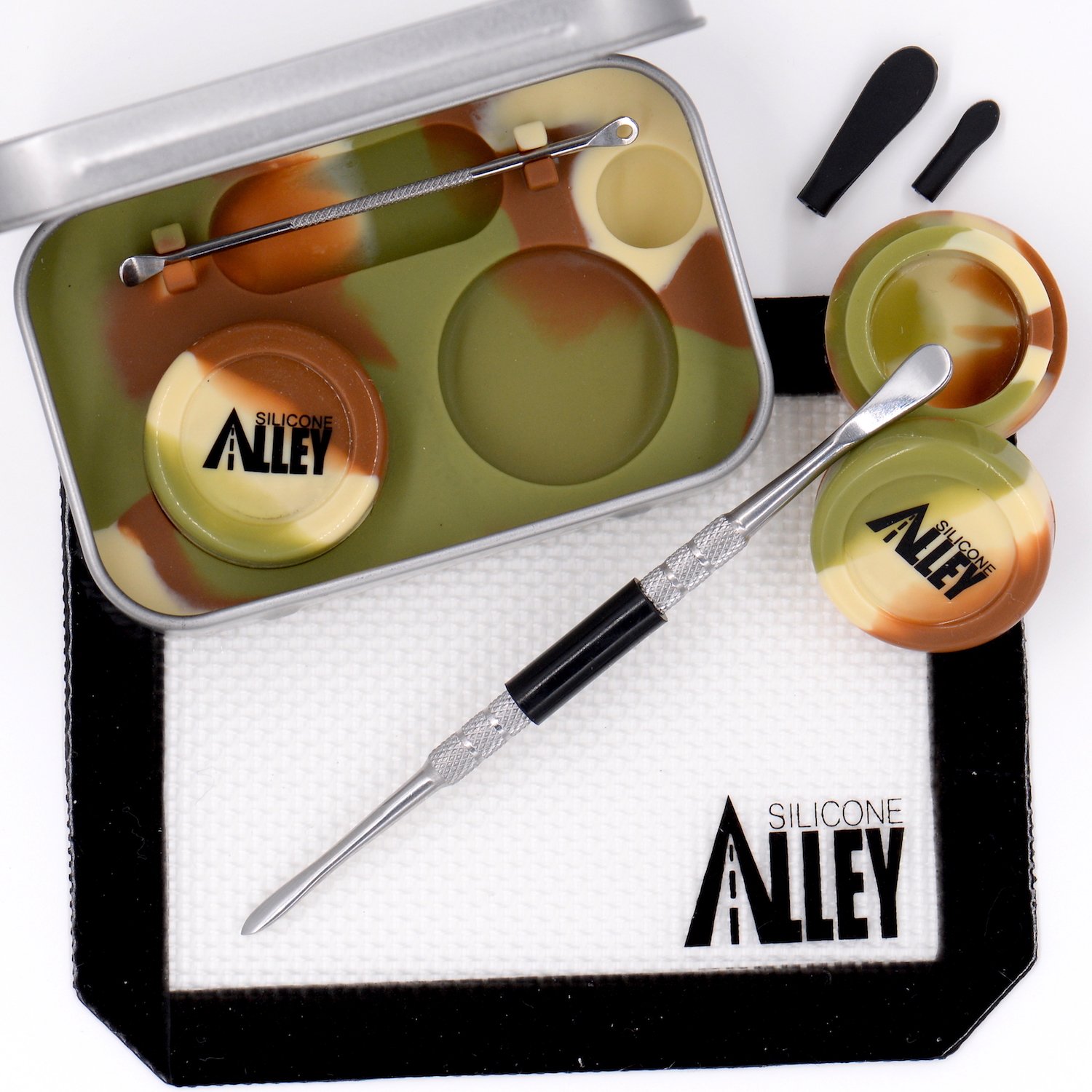 Wax Carving Travel Kit [MILITARY CAMO] - Fits in Pocket - Silicone Jar Containers 5 ml (2 units) Stainless Steel Carving Tool (1) Mini Carver Tool (1) Wax Mat 3″ x 5″ (1)