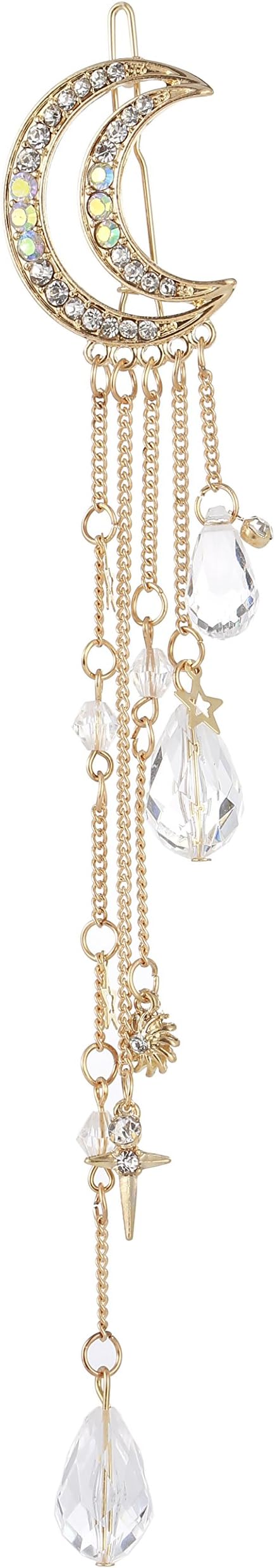 Fvermecky Vintage Crystal Hair Clips Tassel Drop Star Moon Hair Clips Bobby Pins For Women Girls Hair Accessories 4 Colors (Gold)
