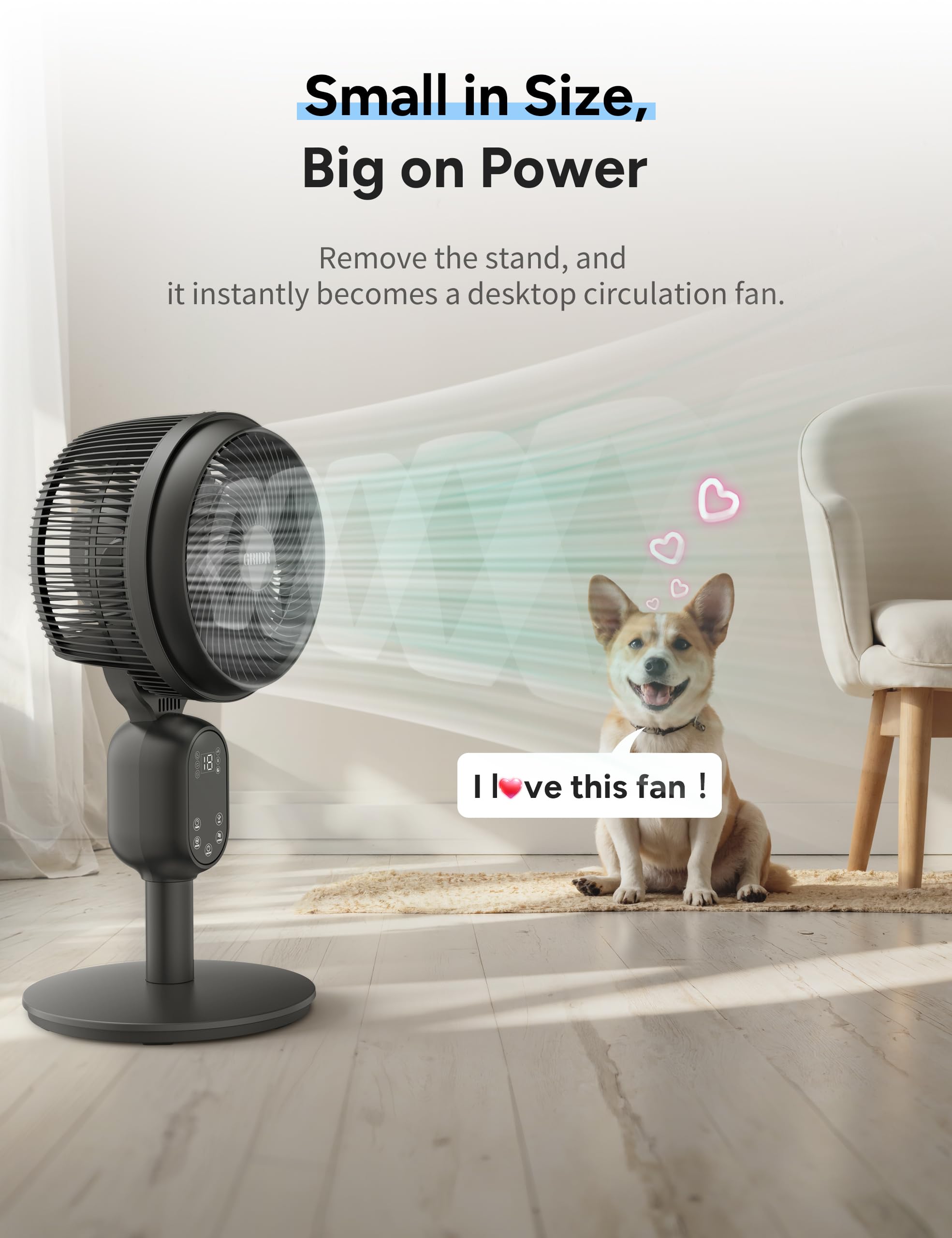 GRIDR Fan For Bedroom, Pedestal Fans 90°+90° Smart Oscillating, Standing Fans for Home 12 Speeds, 4 modes, Quiet Floor Fan with DC Motor 20dB, 12H Timer, 90ft for Room, 22-35'' Adjustable Height-Black