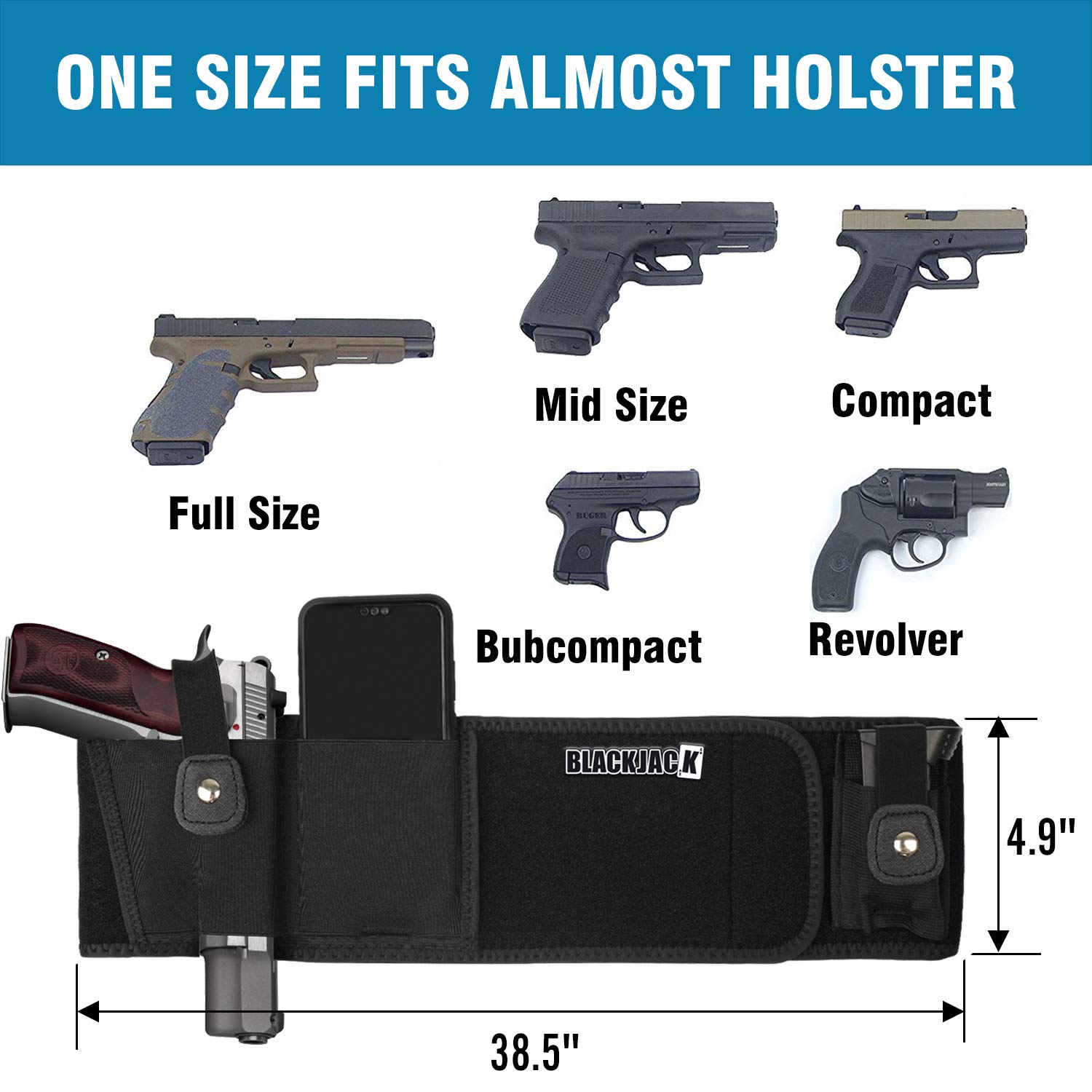 Black Jack Ultimate Belly Band Holster, Concealed Carry Fit for Glock, Ruger, CCW, S&W M&P, Shield Bodyguard Sig Sauer, OWB IWB Carry Holster for Women & Men (Black)