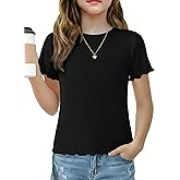 Arshiner Girls Lettuce Trim Short Sleeve Shirts Summer Ribbed Knit Crewneck Casual T Shirt Tops Tee Blouse