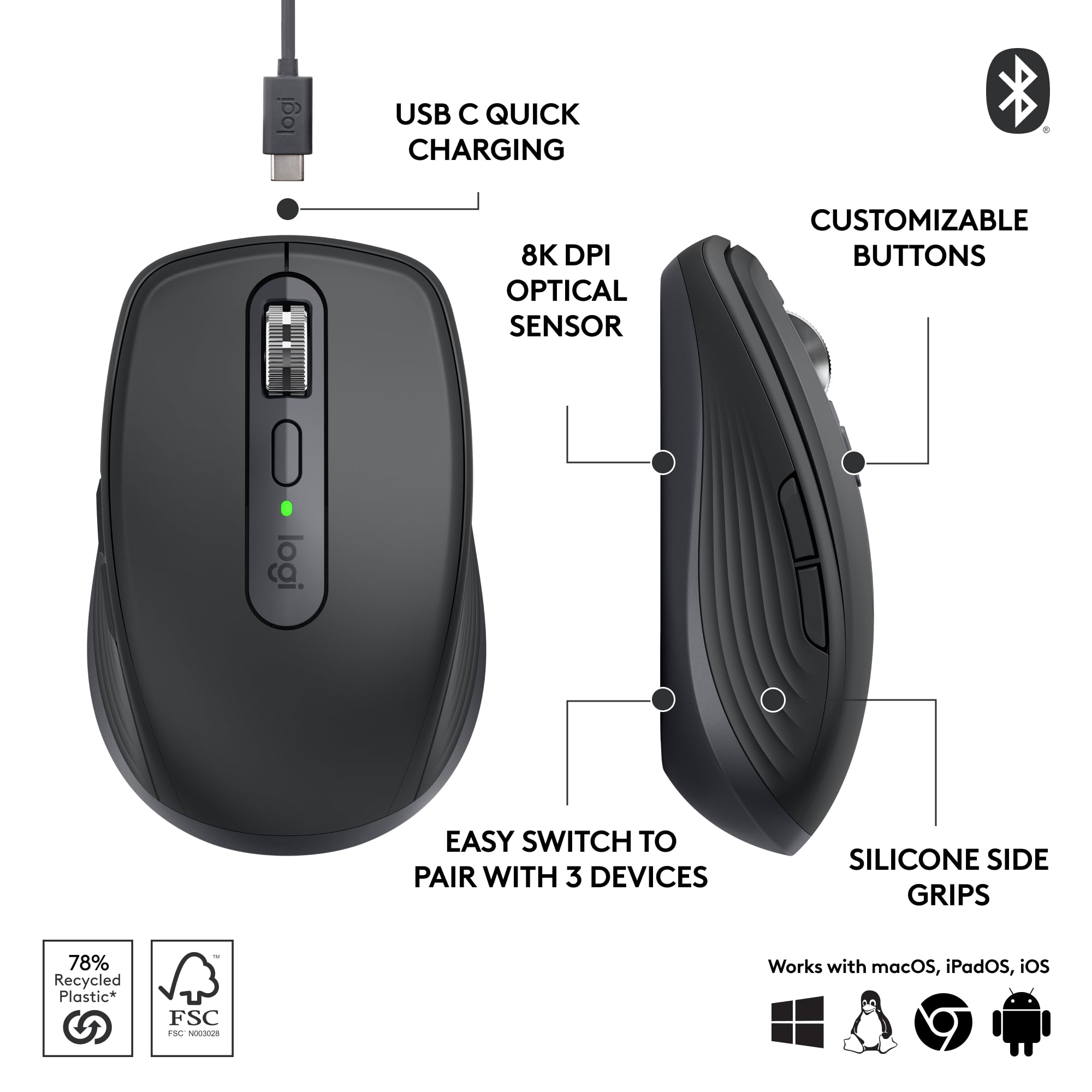 Logitech MX Anywhere 3S Compact Wireless Mouse, Fast Scrolling, 8K DPI Any-Surface Tracking, Quiet Clicks, Programmable Buttons, USB C, Bluetooth, Windows PC, Linux, Chrome, Mac - Graphite