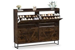 BTDWI Hidden Shoe Storage Cabinets with 4 Flip Drawers and Metal Legs, Freestanding Narrow Shoe Organizer Rack for Entryway, Rustic Brown