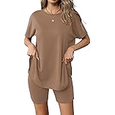 Ekouaer Women's 2 Piece Lounge Set 2026 Summer Biker Shorts Set Outfits Short Sleeve Oversized Top Matching Tracksuit