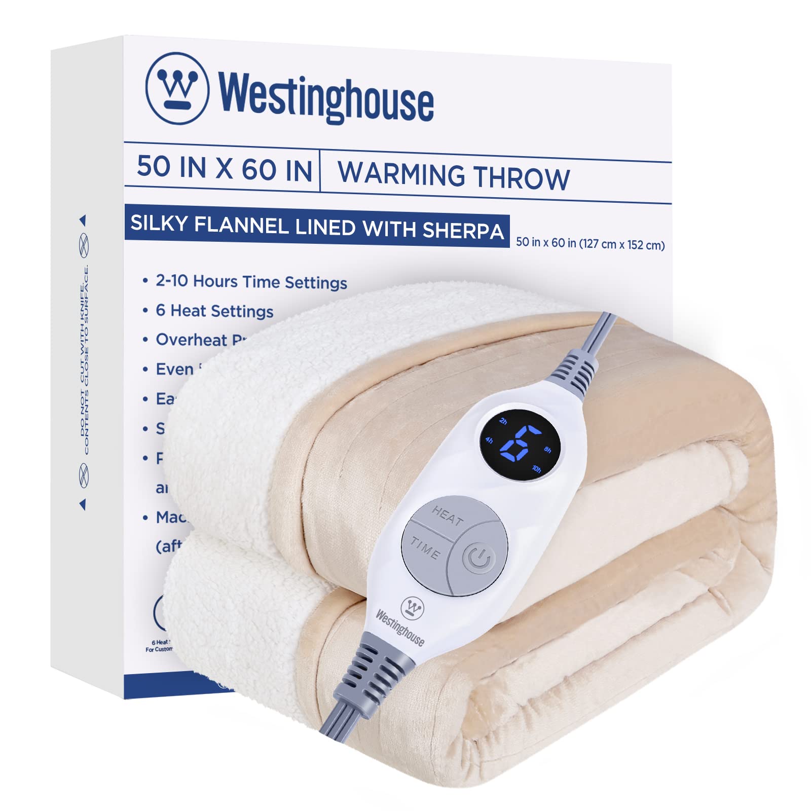 Photo 1 of Westinghouse Heated Throw Blanket, Electric Blanket Throw with 6 Heating Levels and 2-10 Hours Time Settings, Flannel to Sherpa Super Cozy Heated Blanket Machine Washable, 50x60 inch, Beige