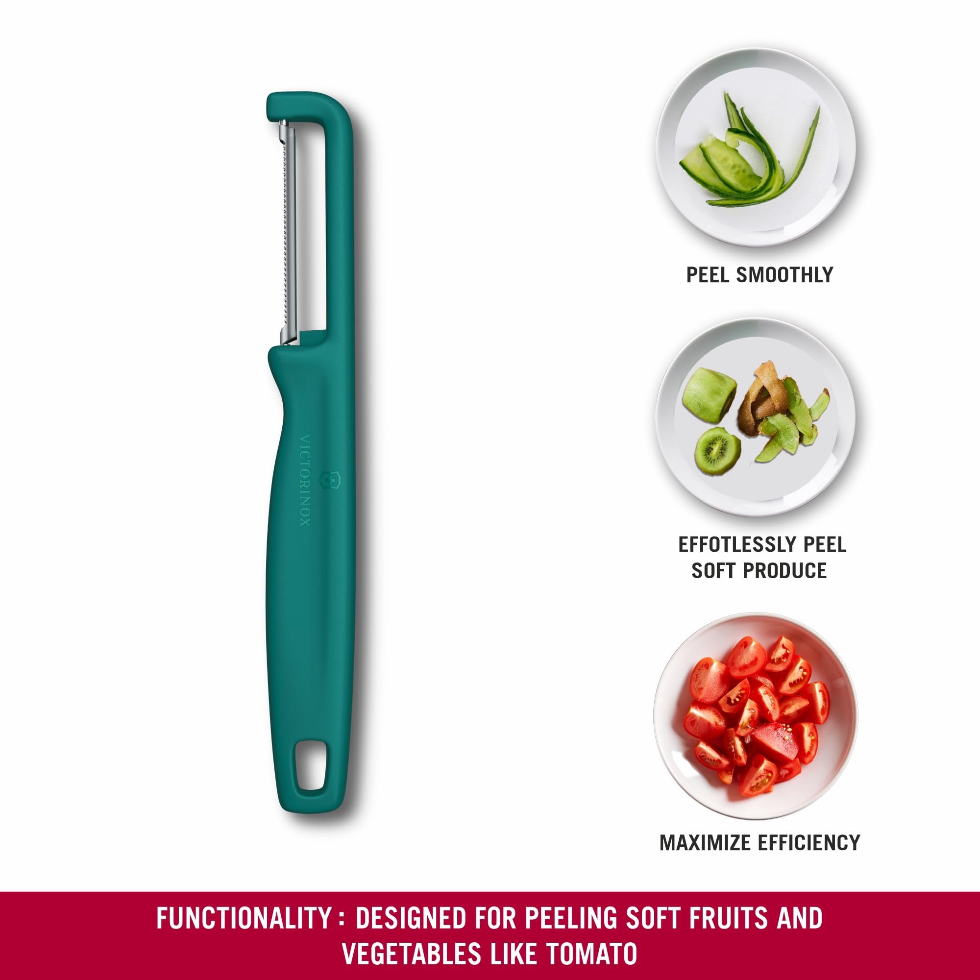 Victorinox Sparschäler "Iota", Schäler für Gemüse, Obst, Zackenschliff, Zweischneidig, Extra Scharf, Swiss Made, grün 3