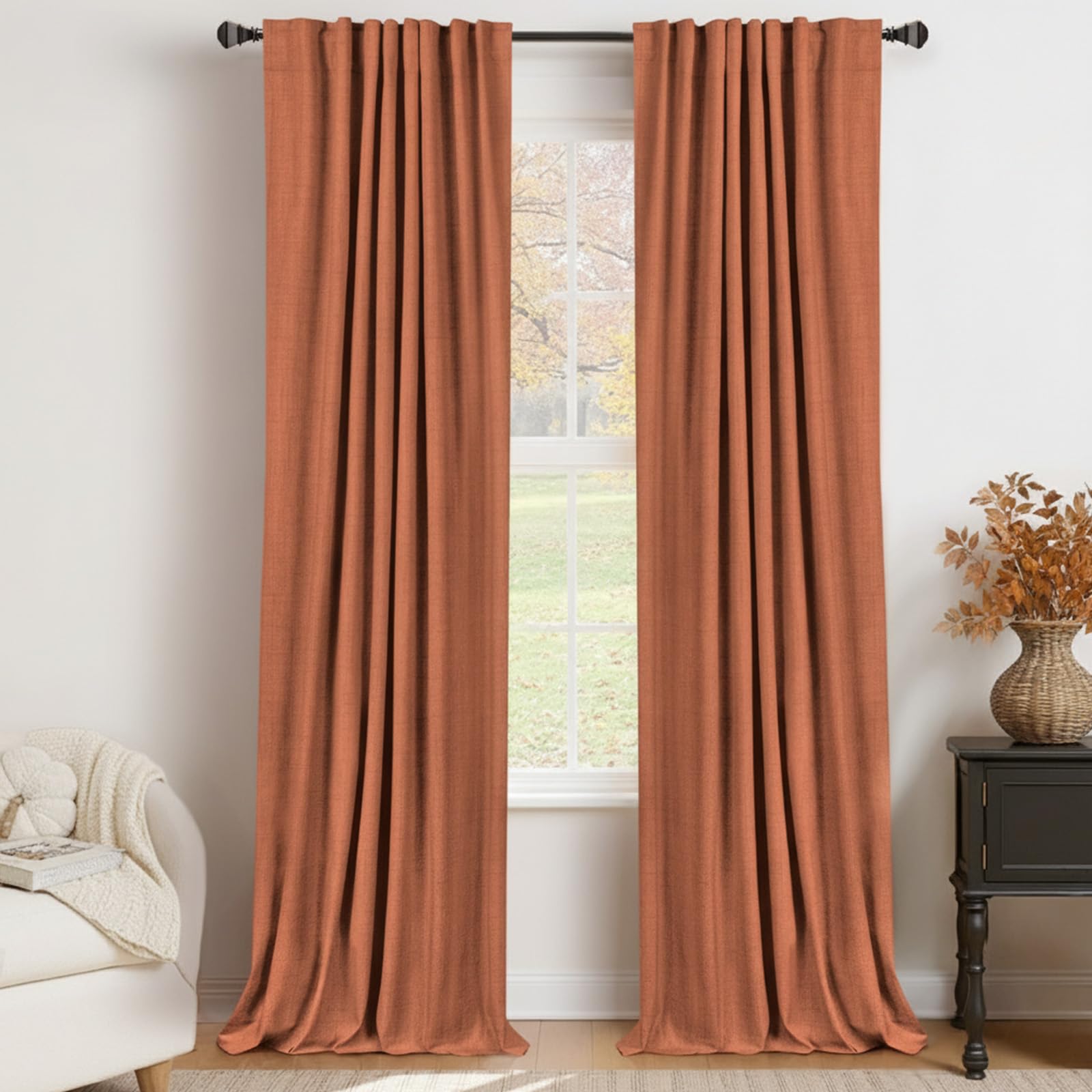 Photo 1 of 100% Blackout Shield Linen Blackout Curtains for Bedroom 90 Inches Long, Back Tab/Rod Pocket Living Room Drapes, Thermal Insulated Blackout Curtains 2 Panels Set, 50" W x 90" L, Burnt Orange