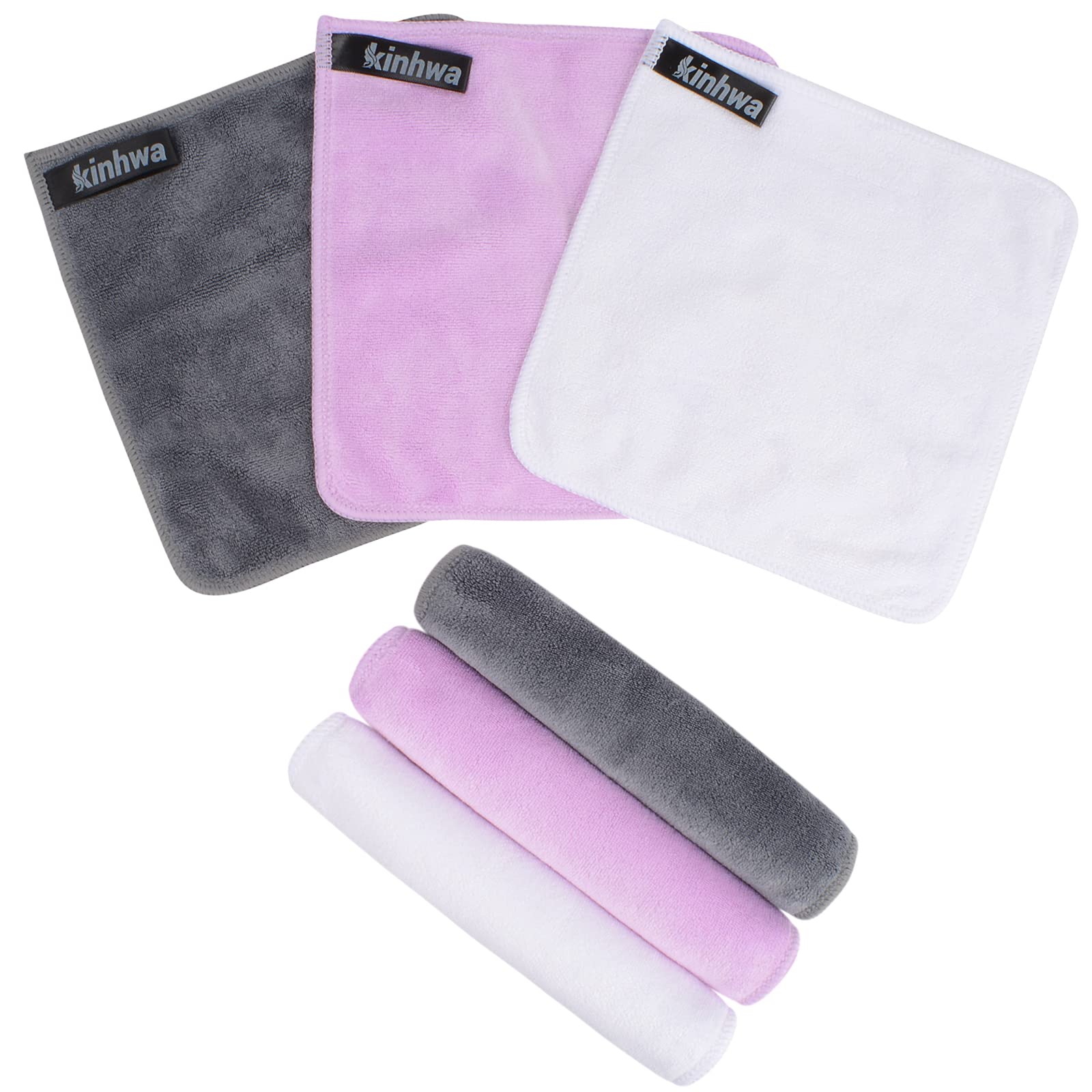 KinHwa 6 Pack Microfibre Flannel Face Cloth Quick Dry Baby Wash Cloth Soft Makeup Remover Cloths for Skin Face Care Cleansing 20x20cm Grey+White+Pink — image 1