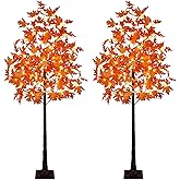Seasonal Buddy Set of 2 6FT 120LED Artificial Lighted Maple Tree Warm White Fall Decorations Indoor Ourdoor, Orange