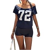 SOLY HUX Jersey Shirts for Women Y2k Number Graphic Tees Off The Shoulder Short Sleeve Crop Tops Streetwear