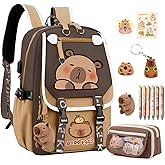 SJIE Waterproof Capybara Backpack，Large-capacity Kawaii capybara bag with 11-Piece Accessories (Badges, Pendants, Plush capybara, Stickers and others)