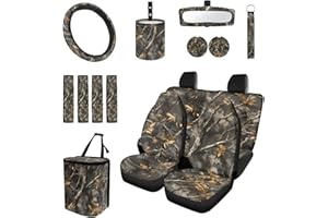 WXYUN Camo Maple Leaf Car Seat Covers Front Rear Full Set with Steering Wheel Rearview Mirror Cover Seat Belt Pads Coasters T