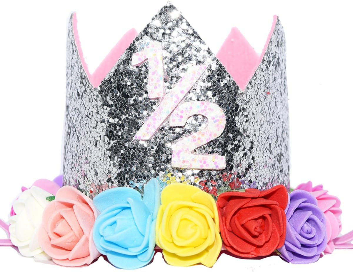 Maticr Flower 1/2 Birthday Crown Floral Half Bday Crown Princess Tiara Cake Smash Photo Prop