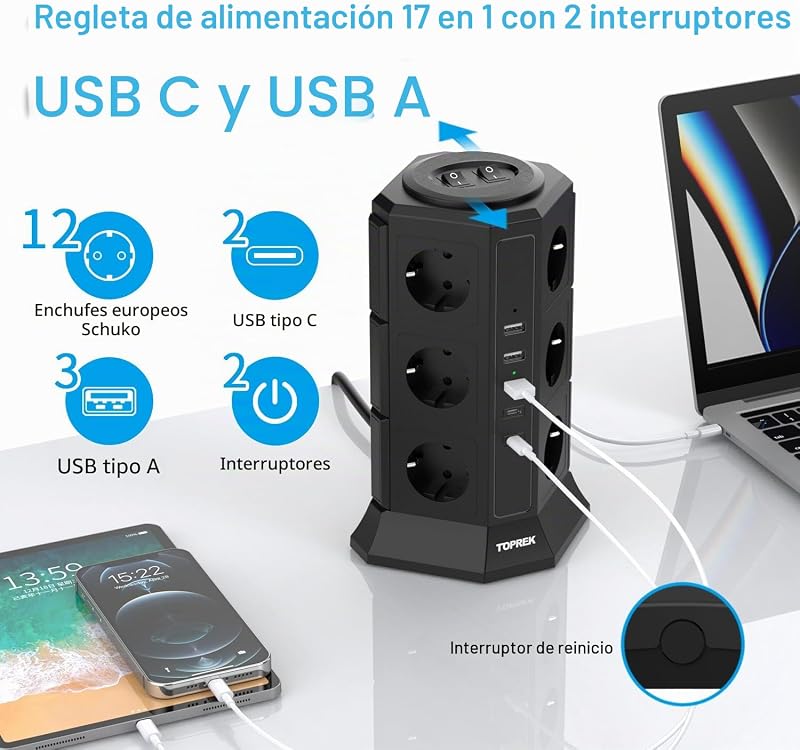 Regletas Enchufes Vertical con 2 Interruptor, 12 Schuko, 2 USB C y 3 USB A, 4000W/16A, Regleta Torre Enchufe con Cable 2M, Regleta Enchufes Proteccion Sobretension, Negro — foto 2 de 7