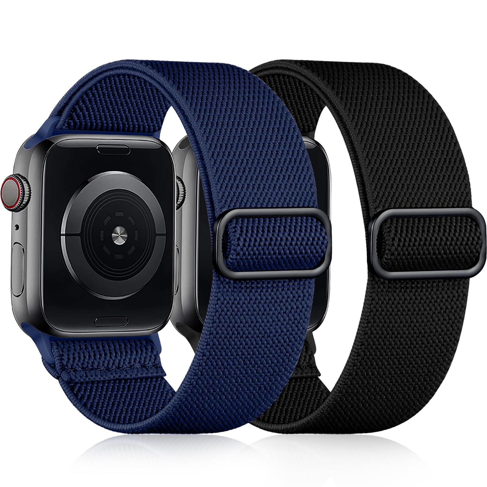 Easuny 2 Pack Elastic Strap Compatible with Apple Watch Strap 42mm 44mm 45mm 46mm 49mm, Adjustable Soft Nylon Band for iWatch Series 11 10 9 8 7 6 5 4 3 2 1 SE Ultra for Women Men, Blue/Black