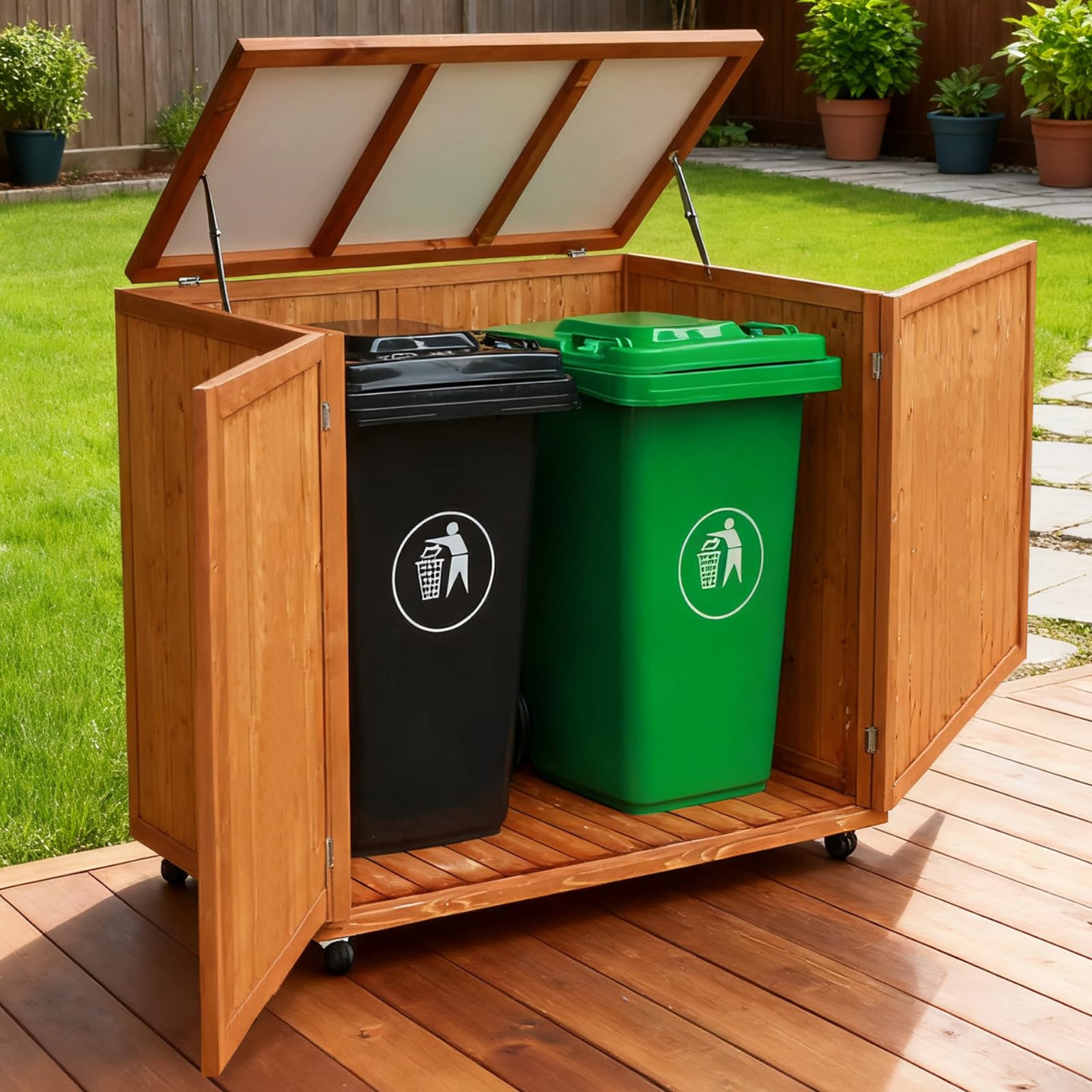 Photo 1 of **Pic for reference** YTGLEN 30 cu ft Outdoor Storage Shed, Wooden Trash Can Cabinet with Removable Wheels & Lockable Door for Patio, Garden, Garage