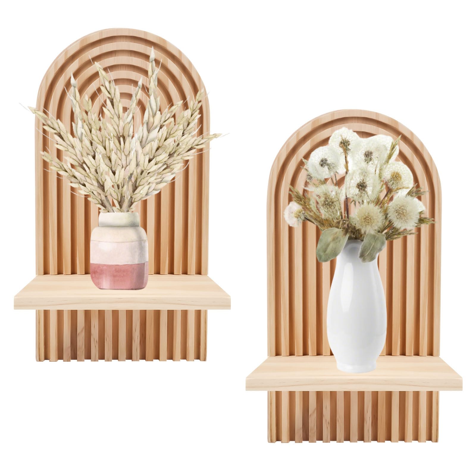 BlyeMichdi 2 Pcs Wood Shelves for Wall Decor, Modern Bohemian Decor,Boho Wall Shelf Arch Floating Shelf Display Shelving for Hanging Plants Photo for Living Rooms Bathroom (Wood color)