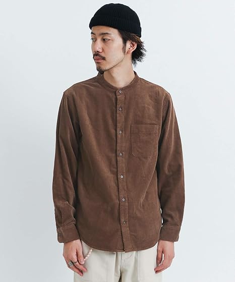 Amazon サニーレーベル ワイシャツ コーデュロイバンドカラーシャツ メンズ ブラウン L シャツ 通販