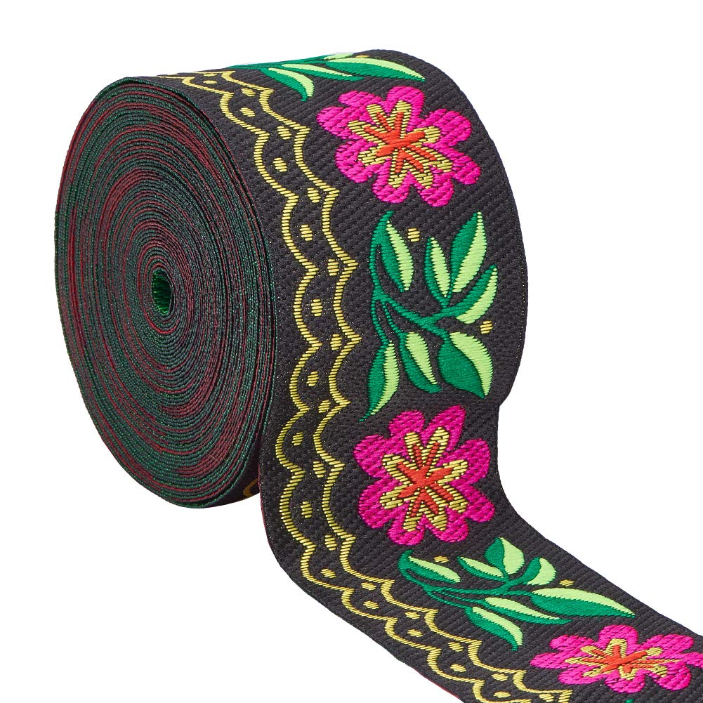 PH PandaHall 7m Flower Jacquard Ribbon Trim Floral Embroidered Jacquard Ribbon Vintage Woven Trim for Embellishment Craft Supplies, Colourful, 50mm Wide