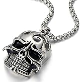 COOLSTEELANDBEYOND Mens Large Biker Skull Pendant Necklace Stainless Steel Silver Black Polished with 30 inches Wheat Chain