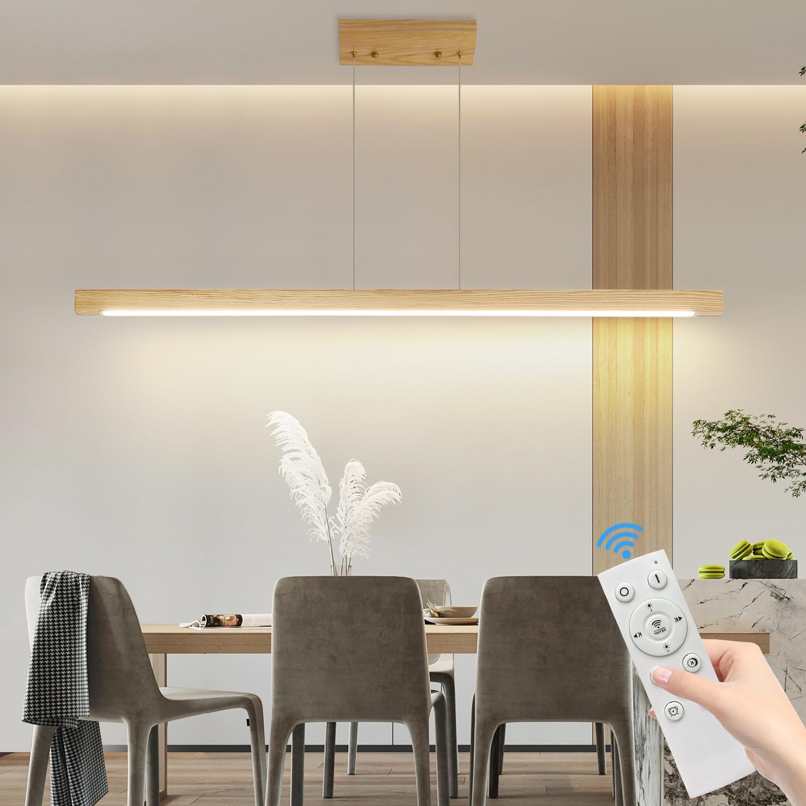 Mikeru Ash Wood Square Pendant Light,120cm Kitchen Island Lights 10% to 100% Wood Linear Modern Dimmable Lighting 3000K/4500K/6500K 1.5 Metres Adjustable Cord Length for Living Room