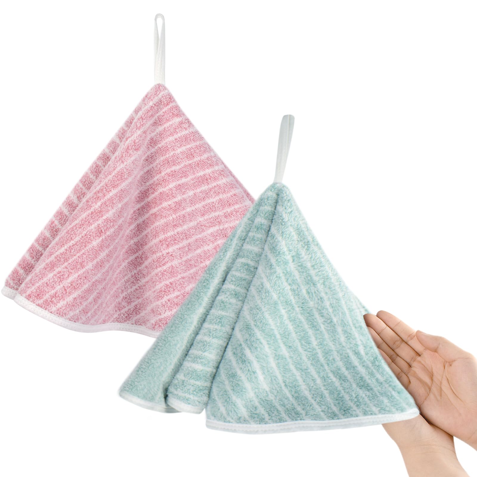 VIVOTE 2 Pack Kitchen Hand Towel with Loop, Super Soft & Absorbent Hand Towels for Bathroom, Quick Drying Stripe Round Hanging Hand Towel with Lanyard (50 * 50cm Pink Stripe, Green Stripe)