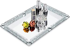 Crystal Glass Tray, Mirror Modern Cosmetic Vanity Tray with Crushed Diamond, 11.8" x 7.9" Rectangular Jewelry Trinket Perfume