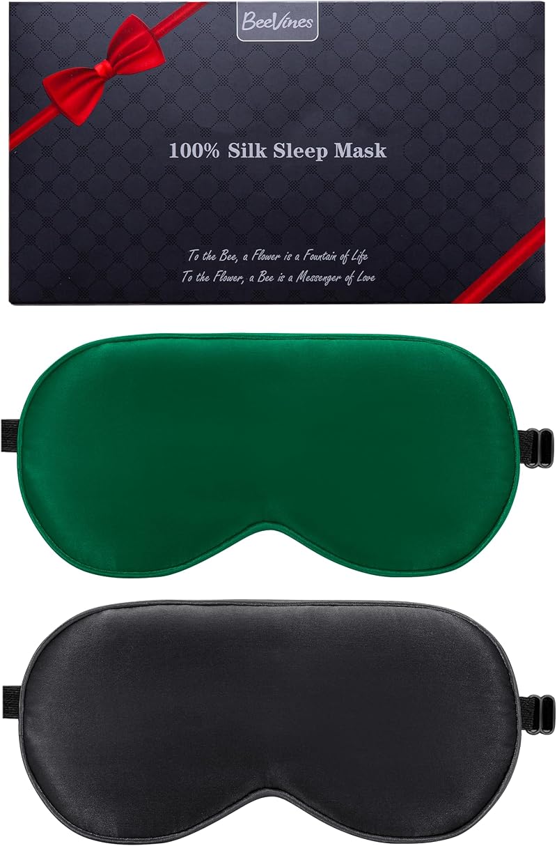 BeeVines Sleep Mask 2 Pack Mulberry Silk Eye Shades with Adjustable Strap
