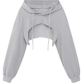 Remidoo Womens Cropped Hoodie Fishnet Long Sleeve Crop Top Hollow Out Drawstring Sweatshirt